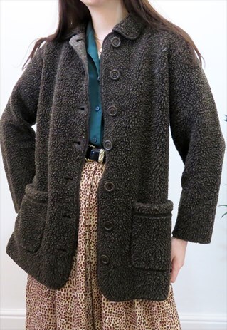 VINTAGE 90S BROWN TEDDY BEAR COLLARED SHEARLING COAT JACKET