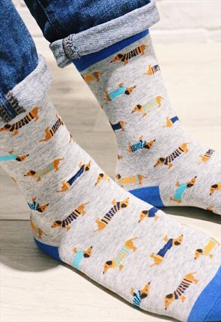 DACHSHUND DOGS PRINT SOCKS - GREY