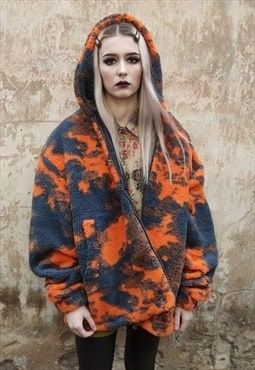 Camo fleece jacket handmade abstract hooded bomber in orange