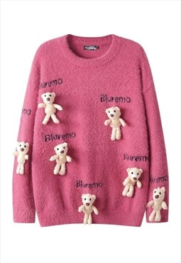 Teddy sweater bear patch jumper knitted Kawaii top in pink