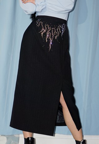 VINTAGE REWORKED BEDAZZLED FLAME MIDI SKIRT