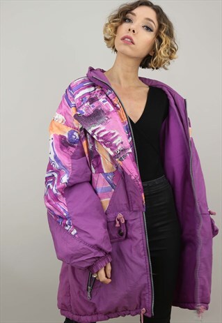 VINTAGE 80S 90S OVERSIZED PURPLE PATTERNED COAT