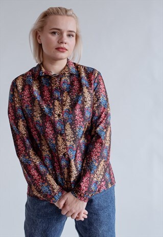 VINTAGE 70S FITTED LONG SLEEVE DITSY FLORAL PRINTED BLOUSE M