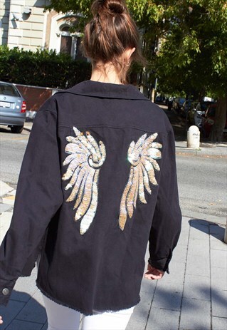 DENIM JACKET - BLACK WITH SEQUIN WINGS EMBROIDERY