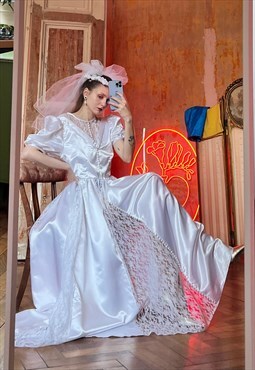 Vintage Satin Wedding Dress with puff sleeves