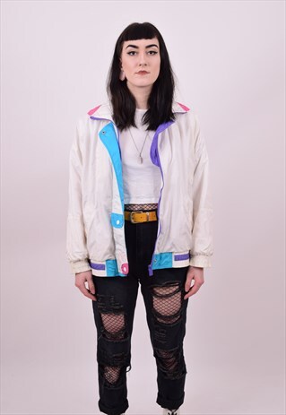 VINTAGE 80'S WHITE SHINY WINDBREAKER SKI JACKET SIZE MEDIUM