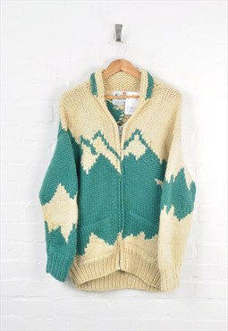 Vintage Knitted Cardigan Bear Print Wool Green/Cream Medium