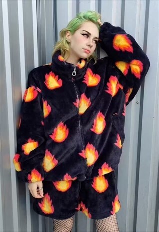 FLAME FLEECE JACKET HANDMADE FIRE BOLT BOMBER IN BLACK