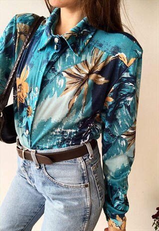 VINTAGE 70S MOD ABSTRACT FLORAL PRINT BLOUSE SHIRT TOP BOHO