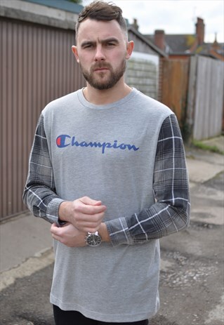 90'S GRUNGE CHAMPION REWORK VINTAGE CHECK SHIRT SLEEVES TEE