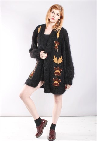 VINTAGE 80S BLACK FLUFFY KNIT EMBROIDERED LONG CARDIGAN