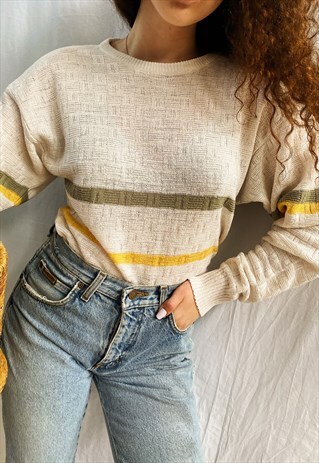 VINTAGE 70S PASTEL STRIPED KNIT BOHO JUMPER SWEATER PULLOVER
