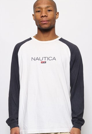 VINTAGE NAUTICA LONG SLEEVE T-SHIRT TOP LOGO WHITE BLUE