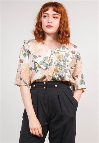 90'S SHORT SLEEVE FLORAL ROSE PATTERN SHIRT BLOUSE