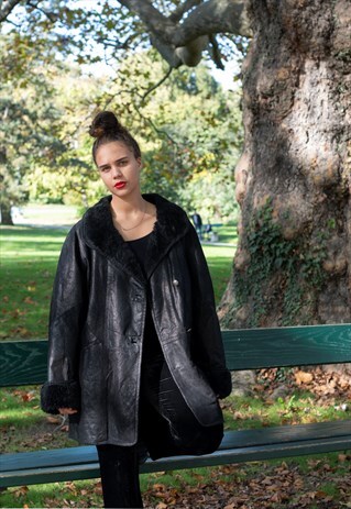 80S VINTAGE LEATHER FAUX SHEARLING SHEEPSKIN COAT