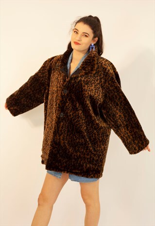 VINTAGE 80S COAT BROWN BLACK LEOPARD FAUX FUR OVERSIZED