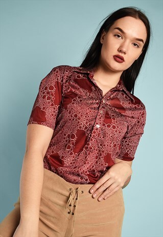VINTAGE 70'S RETRO ABSTRACT MOD PRINT LYCRA TOP BLOUSE