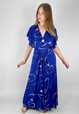 70's Ladies Blue Vintage Grecian White Print Maxi Dress