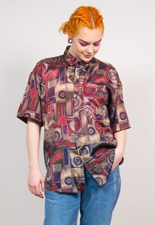 VINTAGE 90'S MULTICOLOUR BAROQUE PATTERN SHORT SLEEVE SHIRT