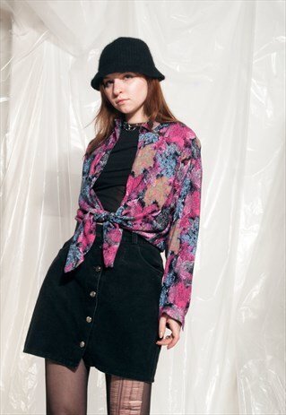 VINTAGE SHIRT 80S PSYCHEDELIC PURPLE FLORAL WRINKLED BLOUSE