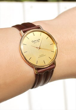 Omax All-Gold Slim Leather Watch