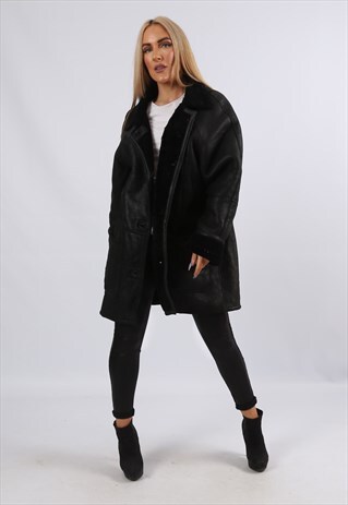 VINTAGE SHEEPSKIN LEATHER SHEARLING COAT MID UK 14 L (JJDK)