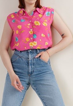 Vintage 90s Sleeveless Floral Pattern Pink Button Up Shirt M