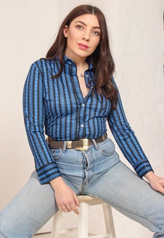 VINTAGE 70S BLACK BLOUSE WITH FLORAL STRIPE PRINT