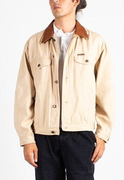 Men's Marlboro Beige Cotton Leather Collar Jacket