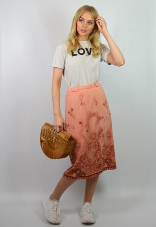 VINTAGE HIGH WAISTED PEACH / PINK FLORAL MIDI SKIRT