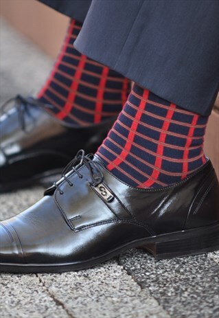 COLORFUL DARK BLUE SOCKS WITH RED CHECKERED, FOR SUIT