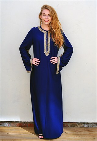VINTAGE 70'S EMBROIDERED PURPLE BOHO HIPPY KAFTAN MAXI DRESS