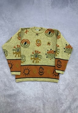 Vintage Knitted Jumper Abstract Sun Patterned Sweater