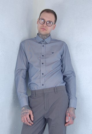 VINTAGE Y2K LIGHT STRIPPED BLUE GREY GLAM CASUAL SUIT SHIRT