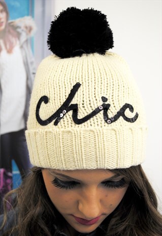 CHIC SEQUIN CREAM WOOLLY POM POM BEANIE HAT