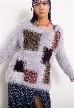 Vintage 90s Knitted Sweater Fuzzy Jumper Crochet Purple
