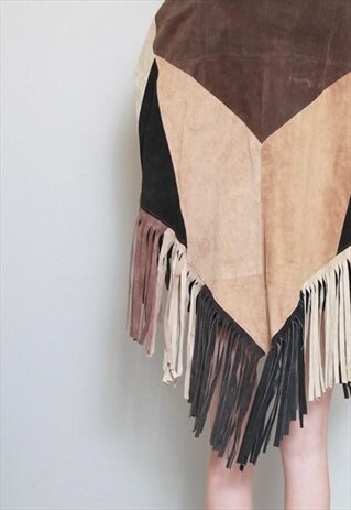 VINTAGE 1970'S RECYCLED PATCHWORK SUEDE FRINGED CAPE