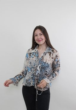 90s ruffled flowers blouse, vintage lace leopard blouse