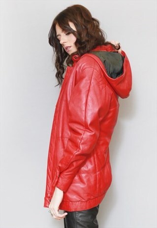 VINTAGE 1980'S SOFT RED HOODED LEATHER COAT