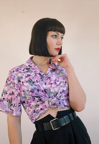 90S VINTAGE BRIGHT PURPLE FLORAL FLOWER SHORT SLEEVE BLOUSE