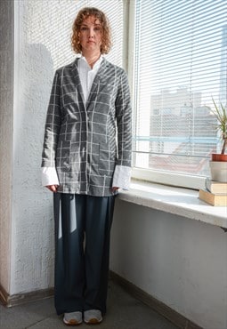 Vintage Grey Long Fit Checked Blazer