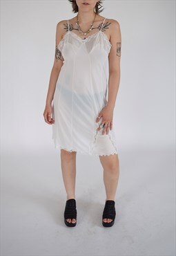 Vintage 90s Lace Trim Slip Dress White