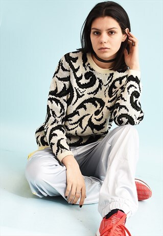 90'S RETRO ABSTRACT PATTERN NEUTRAL WOOL KNIT JUMPER