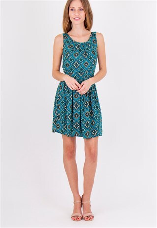 BLUE CREW NECK SLEEVELESS A-LINE MINI DRESS
