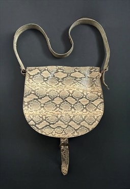 Vintage 70's Brown Beige Leather Snake Saddle Shoulder Bag