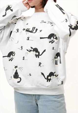 80S VINTAGE AMERICAN WHITE CAT MOUSE SWEATSHIRT 1023