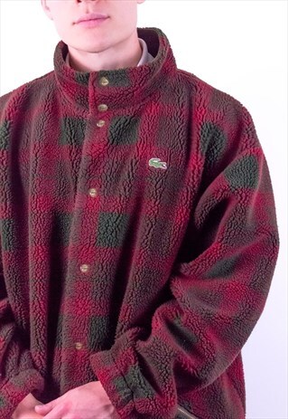 VINTAGE LACOSTE TARTAN FLEECE JACKET IN RED & GREEN