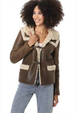 Womens Hooded Shearling Jacket - Vintage Nut / Beige Curly W