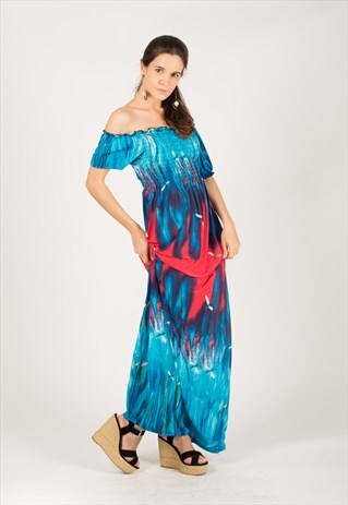 OFF-SHOULDER FLORAL PRINT MAXI DRESS (BLUE)