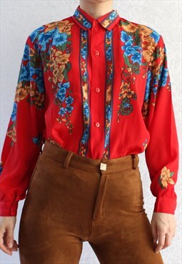 Vintage Blouse Flower Pattern Red S T910